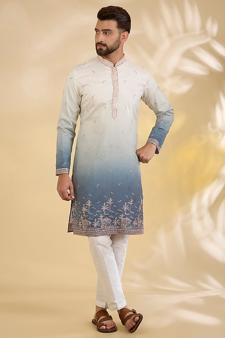 Blue Silk Resham Embroidered Kurta Set by RNG Safawala Men at Pernia's Pop Up Shop