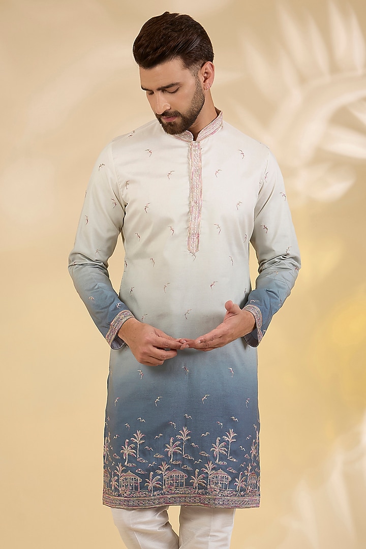 Blue Silk Resham Embroidered Kurta Set by RNG Safawala Men at Pernia's Pop Up Shop