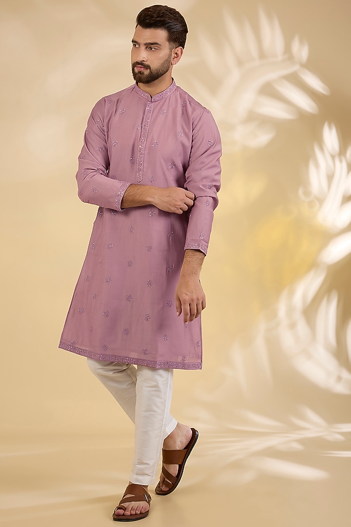 Mauve Cotton Silk Cutdana Embroidered Kurta Set by RNG Safawala Men at Pernia's Pop Up Shop