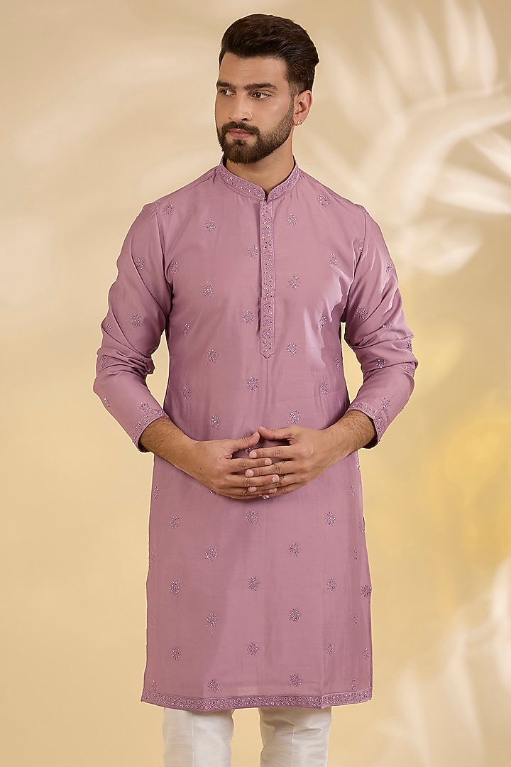 Mauve Cotton Silk Cutdana Embroidered Kurta Set by RNG Safawala Men at Pernia's Pop Up Shop