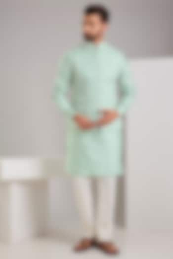 Mint Green Cotton Silk Thread Embroidered Bundi Jacket Set by RNG Safawala Men at Pernia's Pop Up Shop