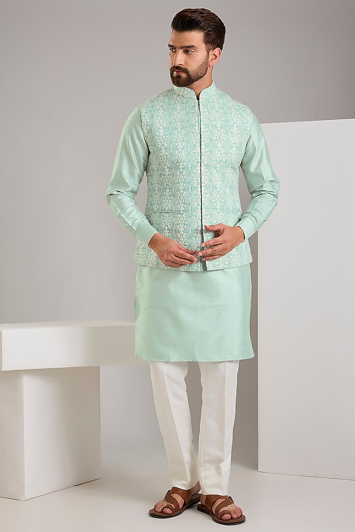 Mint Green Cotton Silk Thread Embroidered Bundi Jacket Set by RNG Safawala Men at Pernia's Pop Up Shop