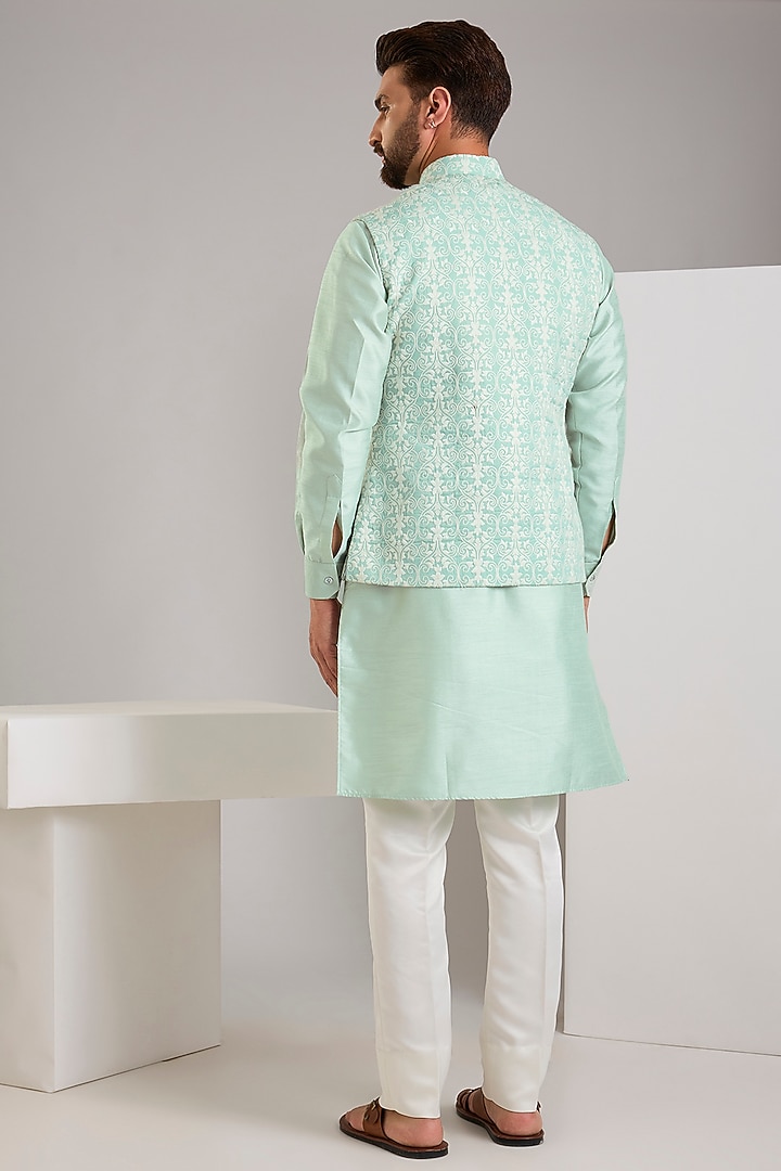 Mint Green Cotton Silk Thread Embroidered Bundi Jacket Set by RNG Safawala Men at Pernia's Pop Up Shop
