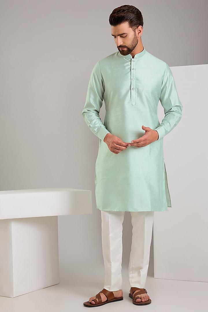 Mint Green Cotton Silk Thread Embroidered Bundi Jacket Set by RNG Safawala Men at Pernia's Pop Up Shop