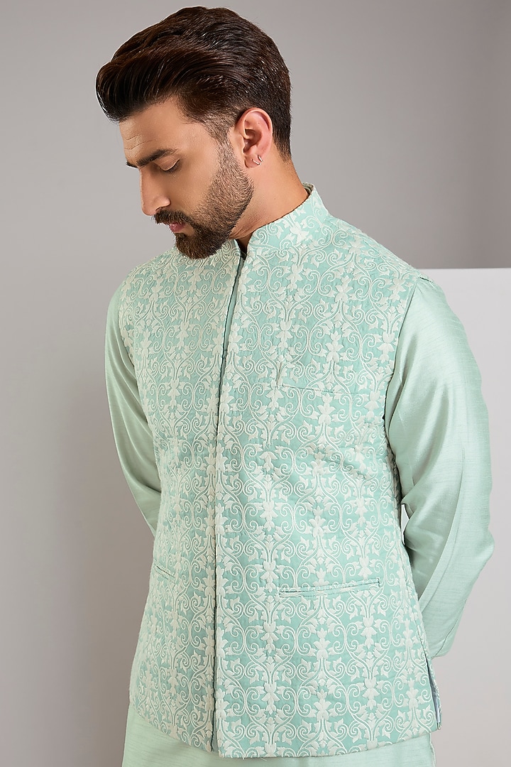 Mint Green Cotton Silk Thread Embroidered Bundi Jacket Set by RNG Safawala Men at Pernia's Pop Up Shop