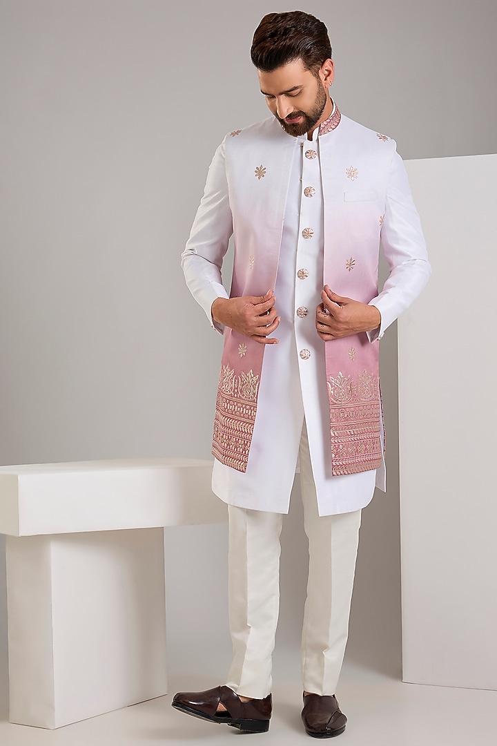 Off-White Raw Silk Gota Embroidered Ombre Jacket Set by RNG Safawala Men at Pernia's Pop Up Shop