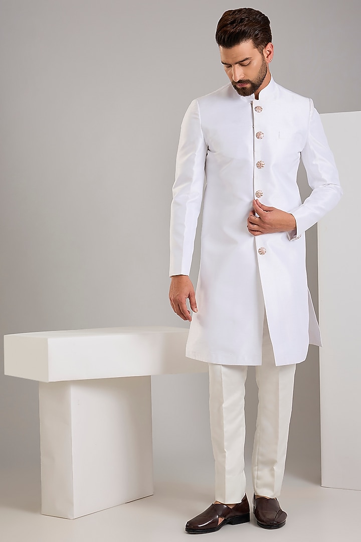 Off-White Raw Silk Gota Embroidered Ombre Jacket Set by RNG Safawala Men at Pernia's Pop Up Shop