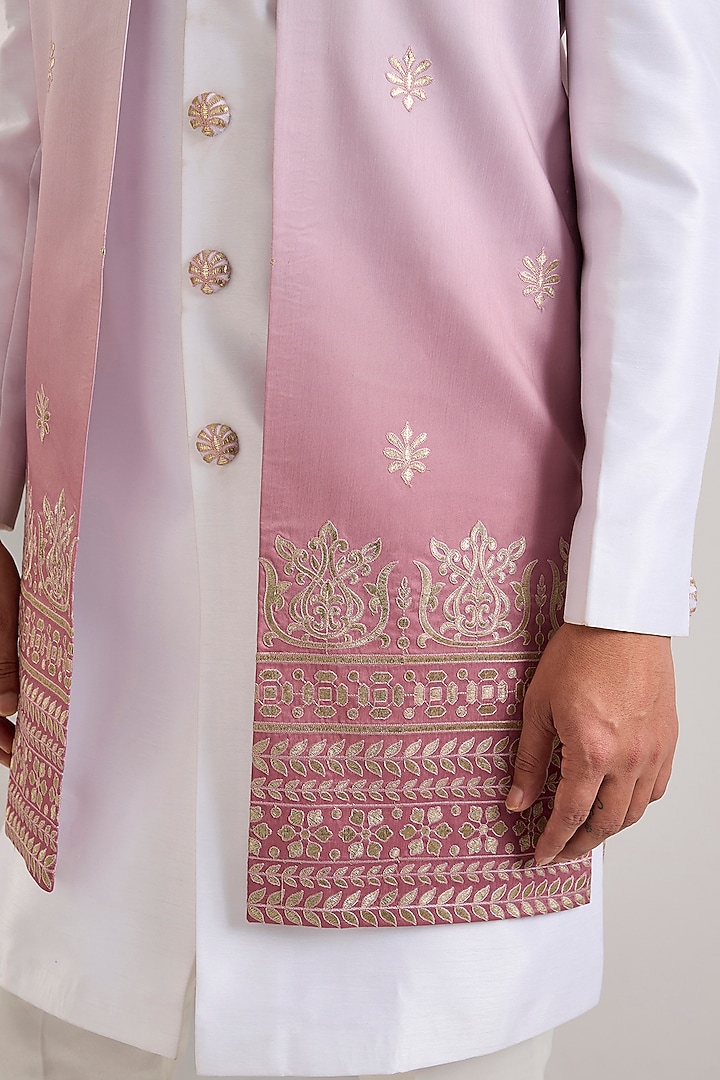 Off-White Raw Silk Gota Embroidered Ombre Jacket Set by RNG Safawala Men at Pernia's Pop Up Shop