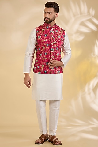 Red Raw Silk Floral Printed Bundi Jacket Set by RNG Safawala Men