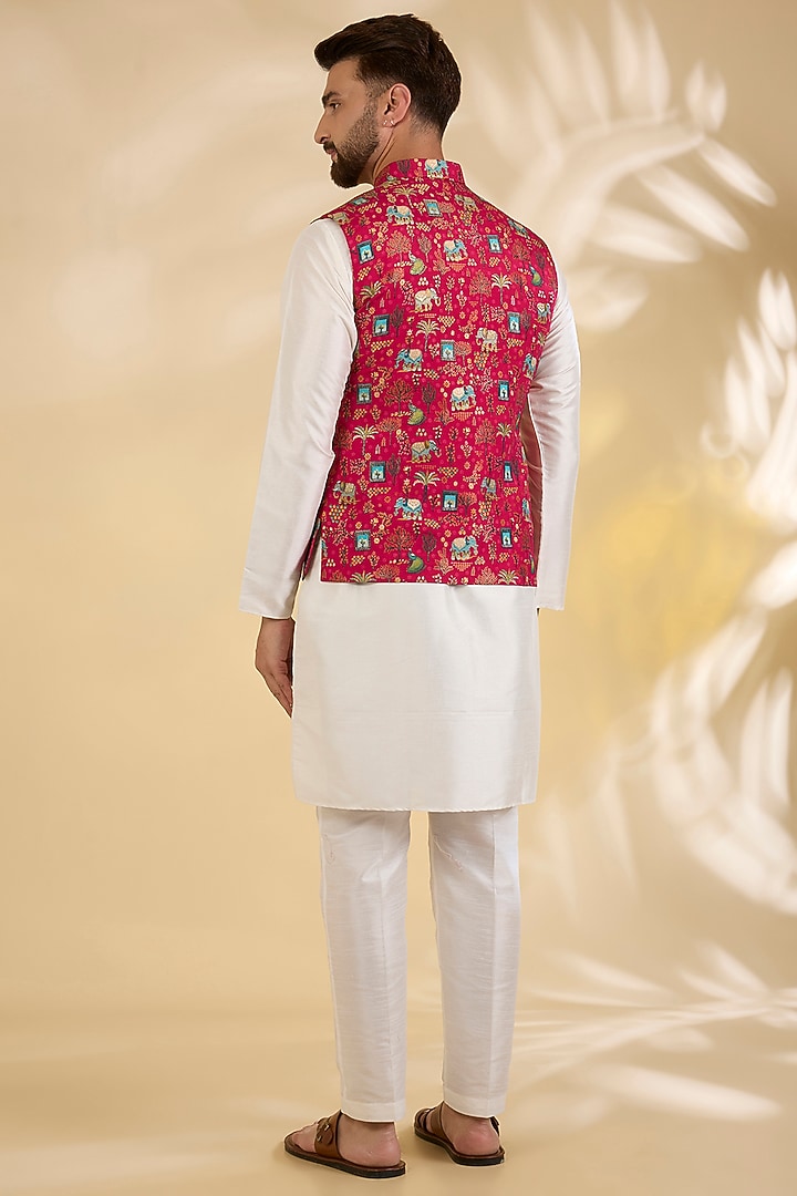 Red Raw Silk Floral Printed Bundi Jacket Set by RNG Safawala Men at Pernia's Pop Up Shop