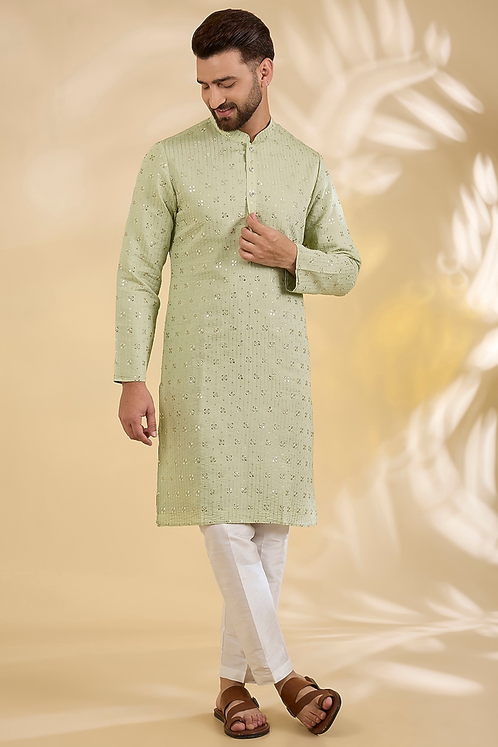 Pista Green Silk Sequins Embroidered Kurta Set by RNG Safawala Men at Pernia's Pop Up Shop
