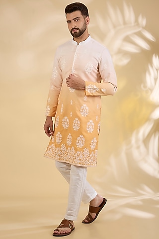 Yellow Ombre Silk Sequins Embroidered Kurta Set by RNG Safawala Men