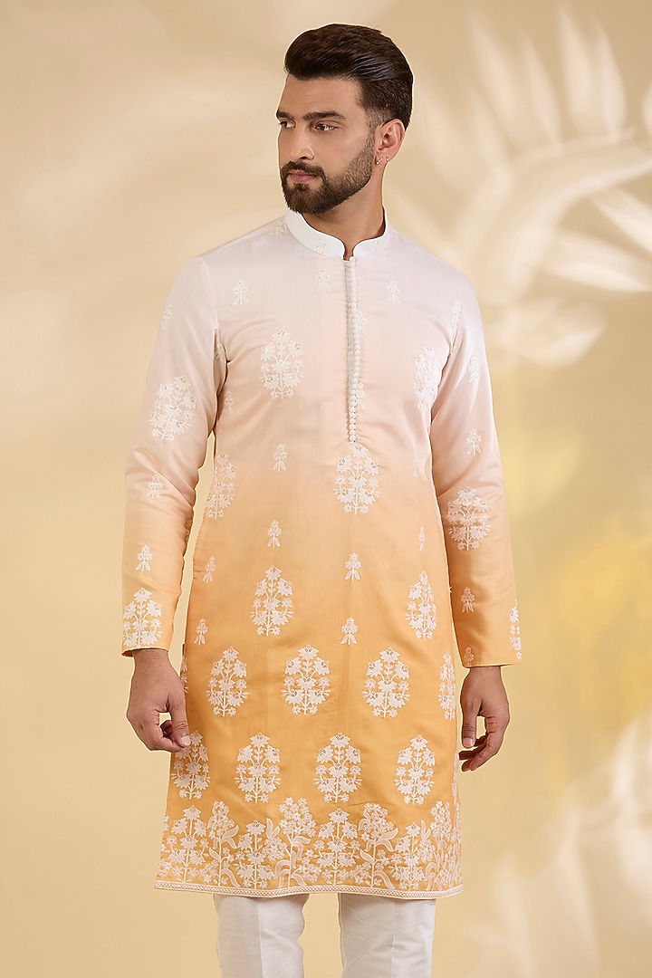 Yellow Ombre Silk Sequins Embroidered Kurta Set by RNG Safawala Men at Pernia's Pop Up Shop