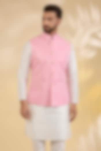 Pink Brocade Silk Floral Printed Bundi Jacket by RNG Safawala Men at Pernia's Pop Up Shop
