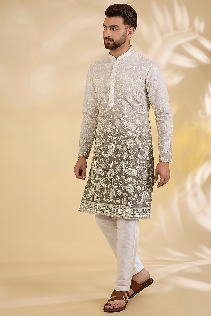 Green Ombre Silk Floral Thread Embroidered Kurta Set by RNG Safawala Men at Pernia's Pop Up Shop