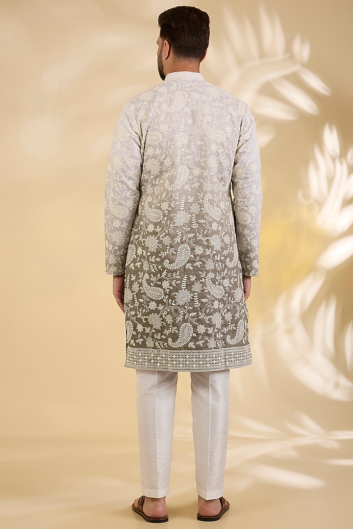 Green Ombre Silk Floral Thread Embroidered Kurta Set by RNG Safawala Men at Pernia's Pop Up Shop