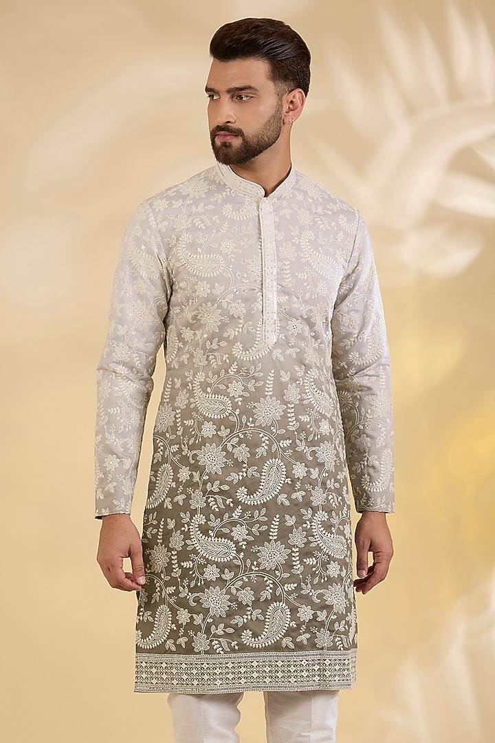 Green Ombre Silk Floral Thread Embroidered Kurta Set by RNG Safawala Men at Pernia's Pop Up Shop