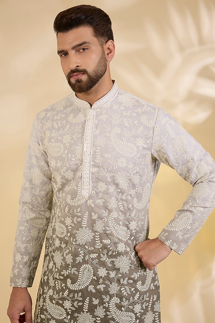 Green Ombre Silk Floral Thread Embroidered Kurta Set by RNG Safawala Men at Pernia's Pop Up Shop
