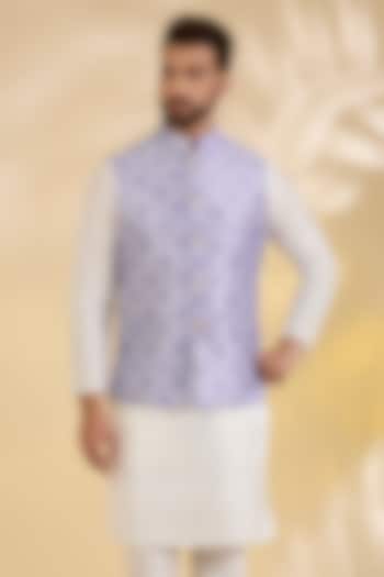Lilac Raw Silk Floral Printed Bundi Jacket by RNG Safawala Men at Pernia's Pop Up Shop