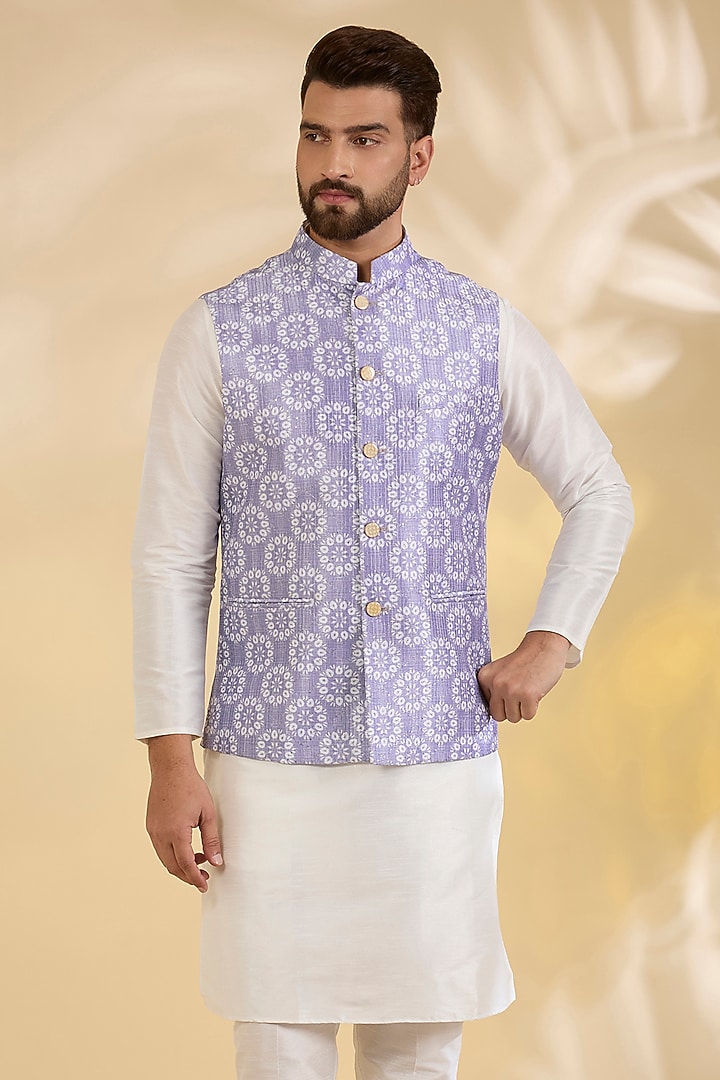 Lilac Raw Silk Floral Printed Bundi Jacket by RNG Safawala Men at Pernia's Pop Up Shop