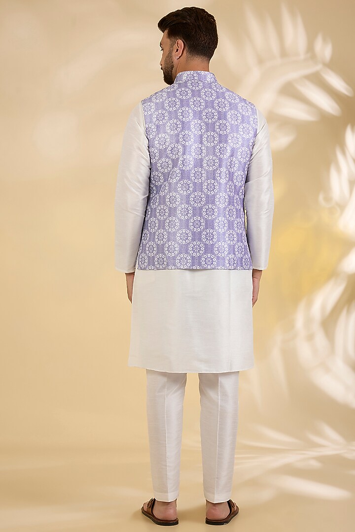 Lilac Raw Silk Floral Printed Bundi Jacket by RNG Safawala Men at Pernia's Pop Up Shop