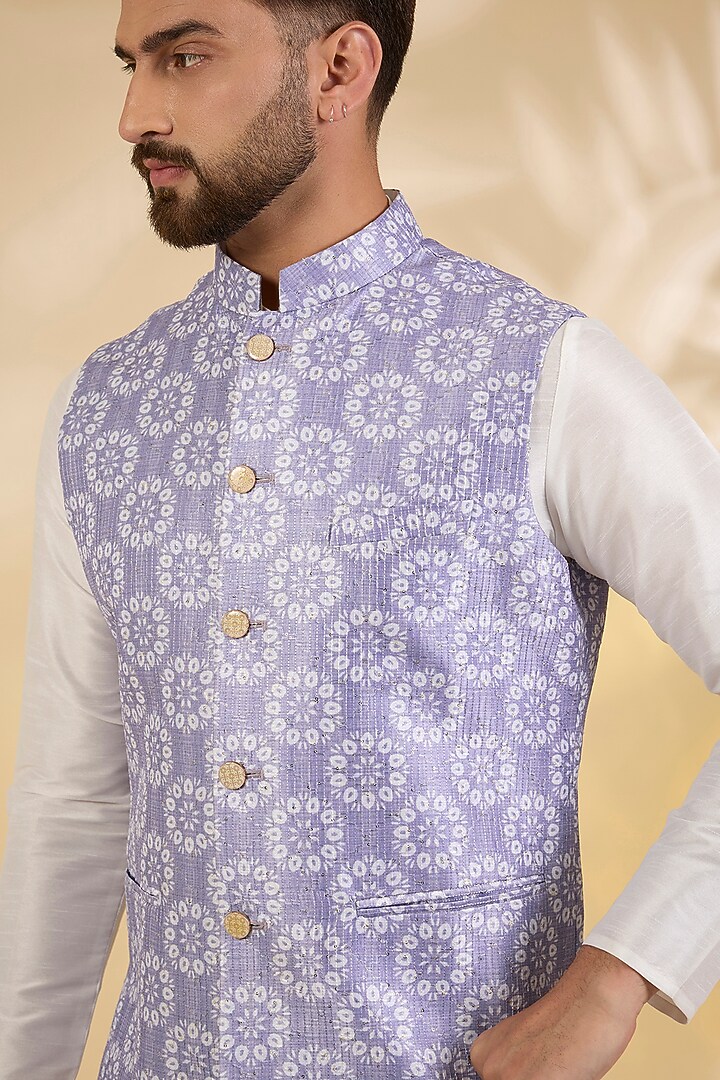 Lilac Raw Silk Floral Printed Bundi Jacket by RNG Safawala Men at Pernia's Pop Up Shop