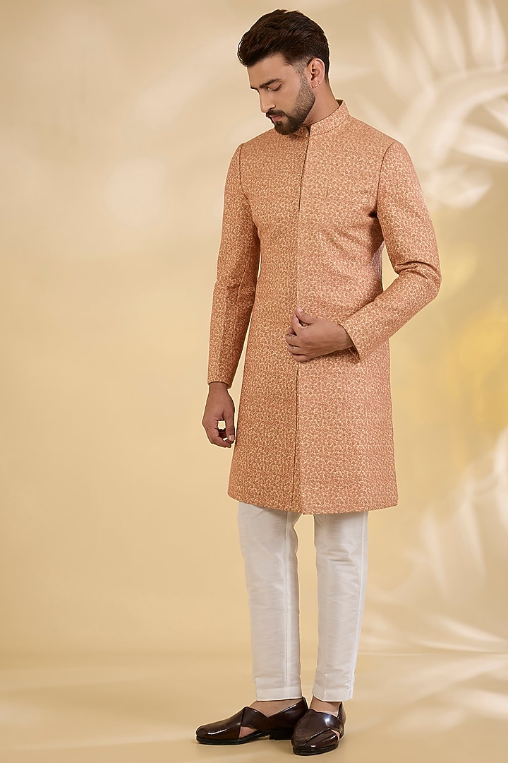 Peach Raw Silk Zari Embroidered Achkan Set by RNG Safawala Men at Pernia's Pop Up Shop