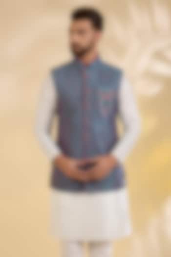 Blue Cotton Linen Floral Embroidered Bundi Jacket by RNG Safawala Men at Pernia's Pop Up Shop