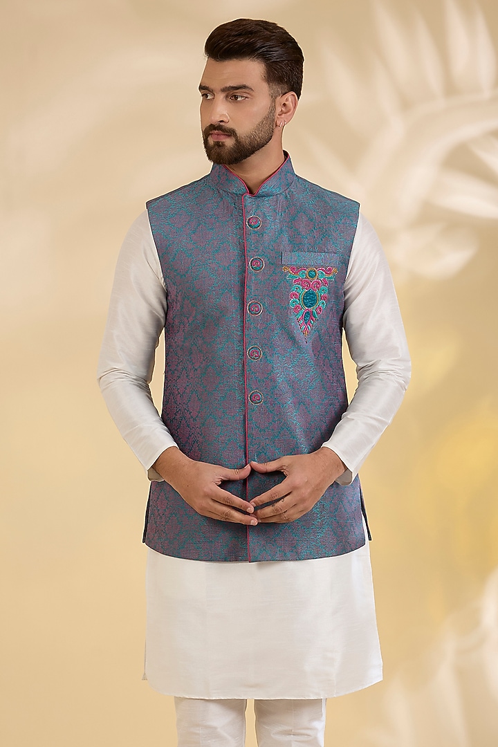 Blue Cotton Linen Floral Embroidered Bundi Jacket by RNG Safawala Men at Pernia's Pop Up Shop