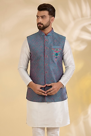 Blue Cotton Linen Floral Embroidered Bundi Jacket by RNG Safawala Men