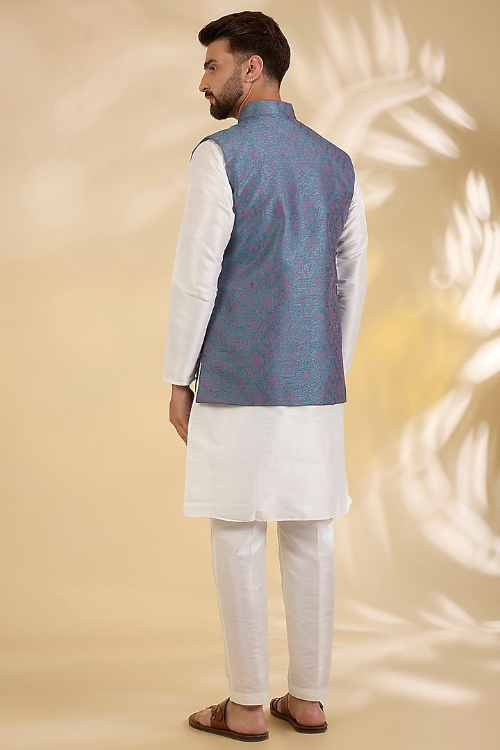 Blue Cotton Linen Floral Embroidered Bundi Jacket by RNG Safawala Men at Pernia's Pop Up Shop