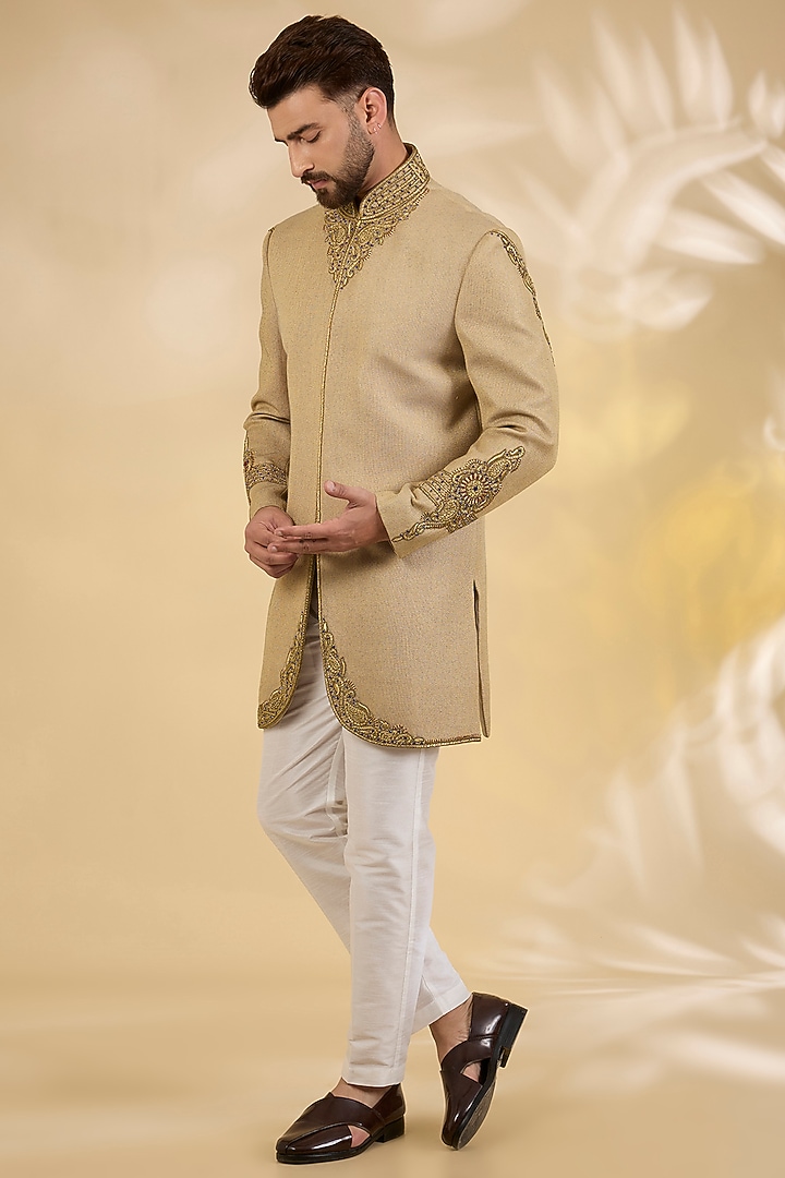 Beige Raw Silk Zari Embroidered Achkan Set by RNG Safawala Men at Pernia's Pop Up Shop