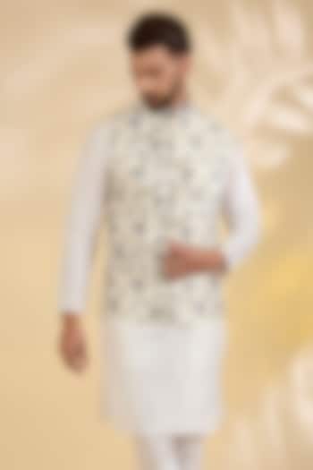 Off-White Raw Silk Floral Printed Bundi Jacket by RNG Safawala Men at Pernia's Pop Up Shop