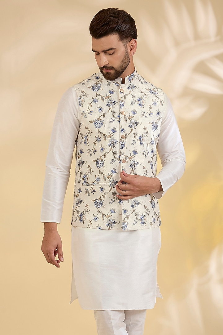 Off-White Raw Silk Floral Printed Bundi Jacket by RNG Safawala Men at Pernia's Pop Up Shop