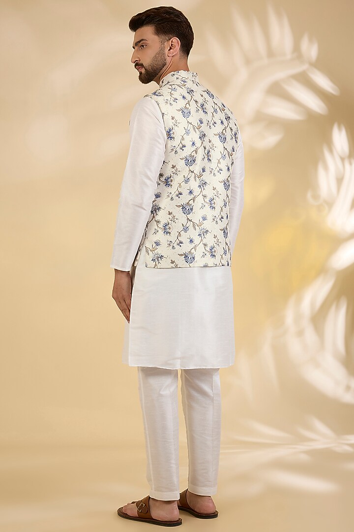 Off-White Raw Silk Floral Printed Bundi Jacket by RNG Safawala Men at Pernia's Pop Up Shop