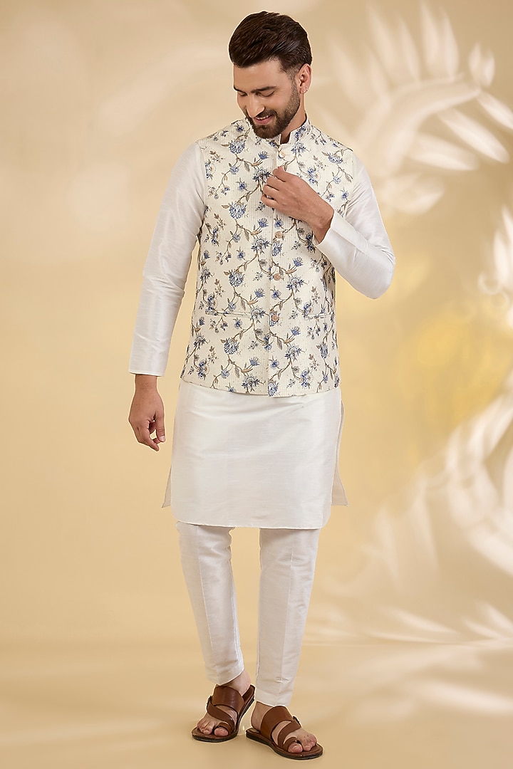 Off-White Raw Silk Floral Printed Bundi Jacket by RNG Safawala Men at Pernia's Pop Up Shop