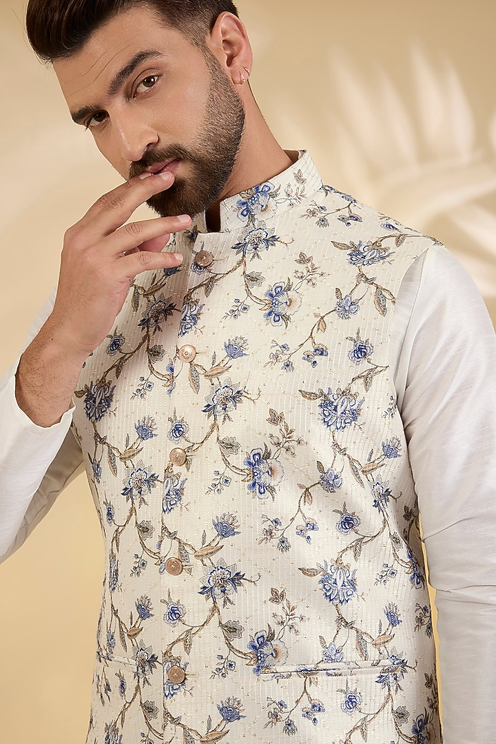 Off-White Raw Silk Floral Printed Bundi Jacket by RNG Safawala Men at Pernia's Pop Up Shop
