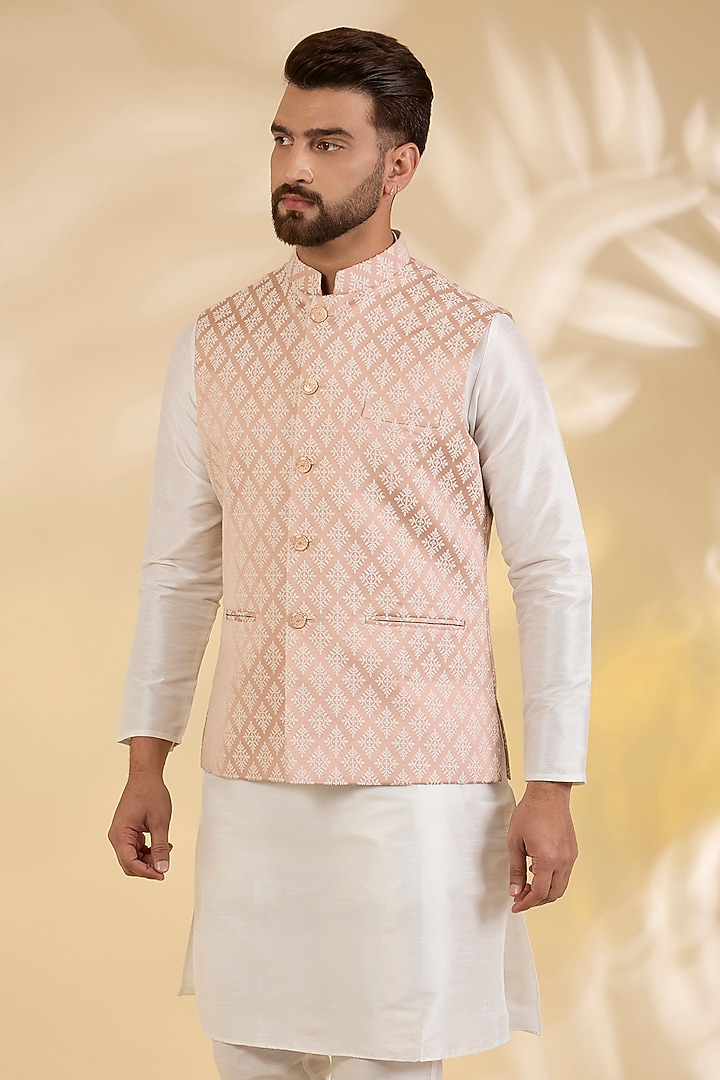 Pink Raw Silk Floral Printed Bundi Jacket by RNG Safawala Men at Pernia's Pop Up Shop