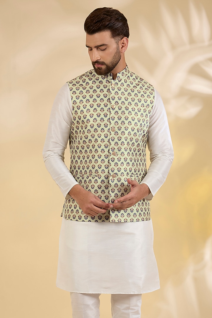 Beige Raw Silk Floral Printed Bundi Jacket by RNG Safawala Men at Pernia's Pop Up Shop