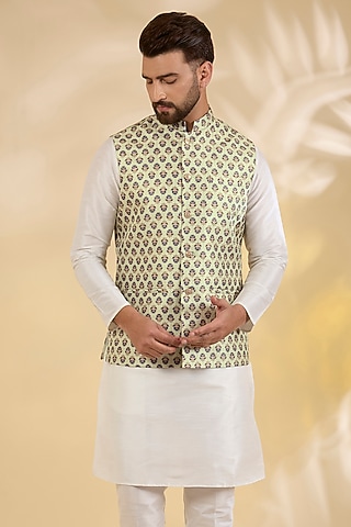 Beige Raw Silk Floral Printed Bundi Jacket by RNG Safawala Men