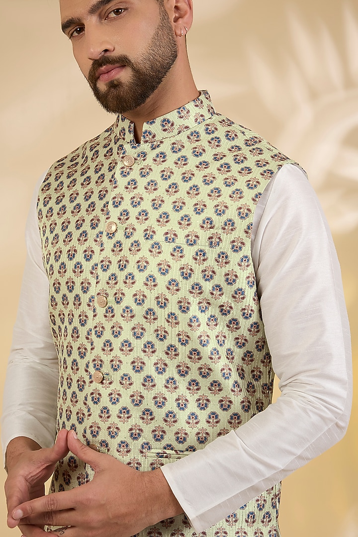 Beige Raw Silk Floral Printed Bundi Jacket by RNG Safawala Men at Pernia's Pop Up Shop
