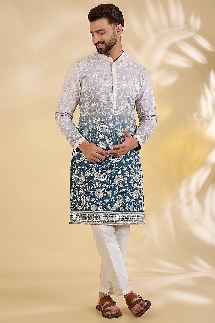 Blue Ombre Crepe Silk Thread Embroidered Kurta Set by RNG Safawala Men at Pernia's Pop Up Shop