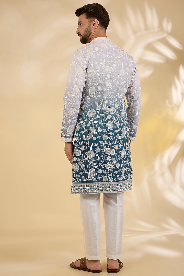 Blue Ombre Crepe Silk Thread Embroidered Kurta Set by RNG Safawala Men at Pernia's Pop Up Shop