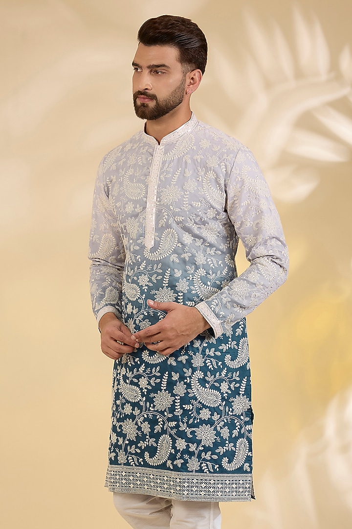 Blue Ombre Crepe Silk Thread Embroidered Kurta Set by RNG Safawala Men at Pernia's Pop Up Shop
