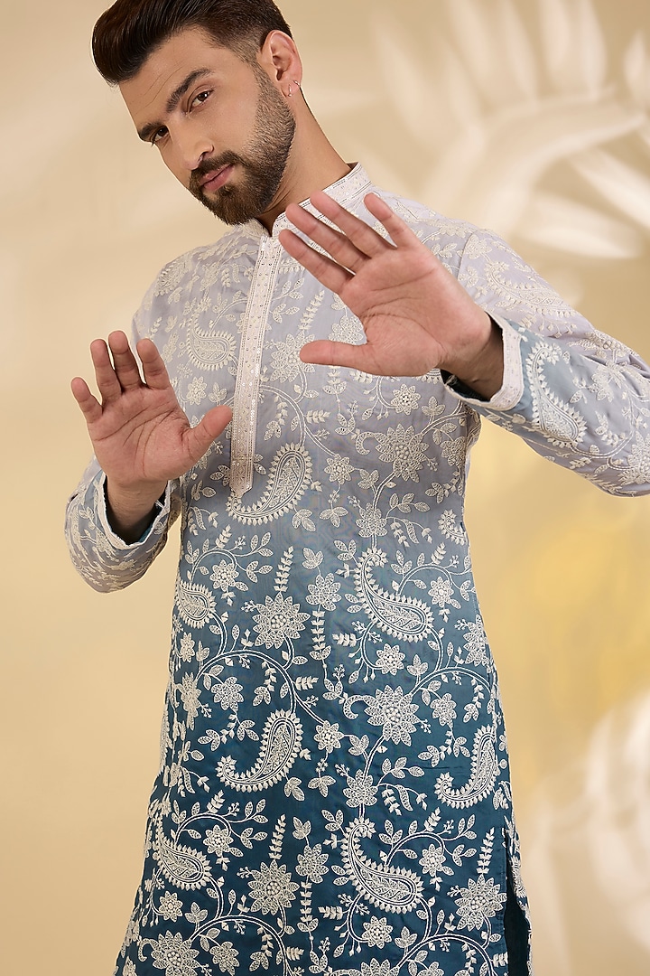 Blue Ombre Crepe Silk Thread Embroidered Kurta Set by RNG Safawala Men at Pernia's Pop Up Shop