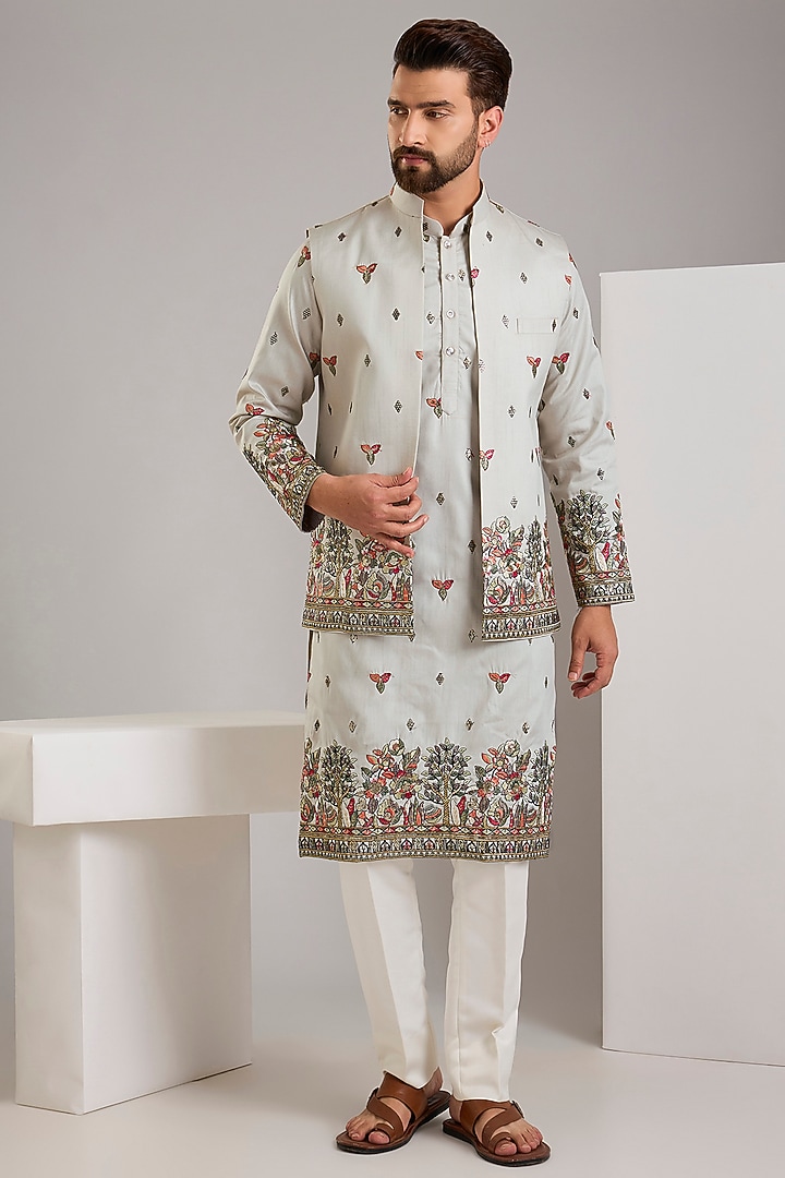 Pista Green Raw Silk Resham Embroidered Jacket Set by RNG Safawala Men at Pernia's Pop Up Shop