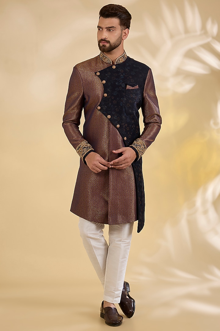 Blue Raw Silk Zari Embroidered Achkan Set by RNG Safawala Men at Pernia's Pop Up Shop