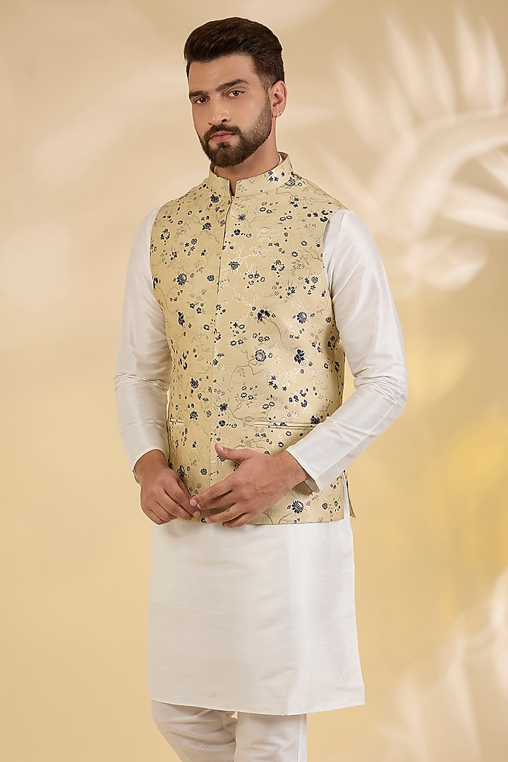 Beige Brocade Silk Zari Printed Bundi Jacket by RNG Safawala Men at Pernia's Pop Up Shop