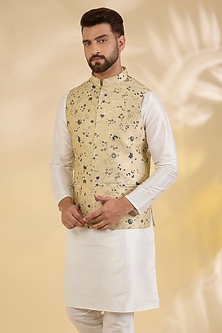 Beige Brocade Silk Zari Printed Bundi Jacket by RNG Safawala Men