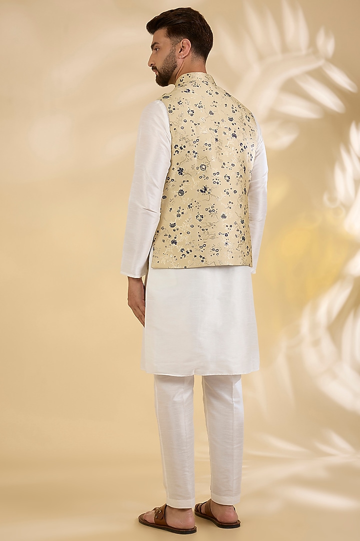 Beige Brocade Silk Zari Printed Bundi Jacket by RNG Safawala Men at Pernia's Pop Up Shop